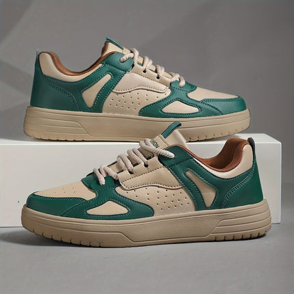 Men's Low-Top Sneakers Lightweight Breathable Geometric Color-Block Design (Beige/Green)