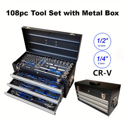 108pcs Tool Set with Drawer Box, Portable Storage Case for Auto Repair Kit and Hardware Tools