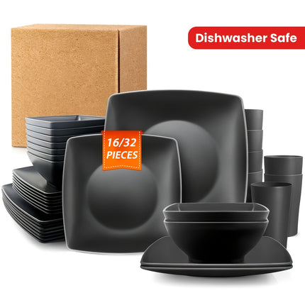 16/32pcs Plastic Tableware Set - Classic Square Lightweight Design, Durable Dinner and Salad Plates,