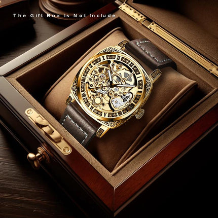 1pc Men'S Yellow Brown PU Belt Street Rascal Handsome Carved Tourbillon Fully Automatic