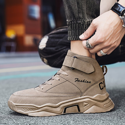 Men's Mid-Top Lace-Up Sneakers, Outdoor Hiking Shoes, Solid Color Thick-Sole Lace-Up Shoes,