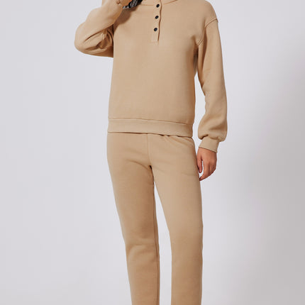 Parchment Solid Half Button Sweatshirt and High Waist Sweatpants Set