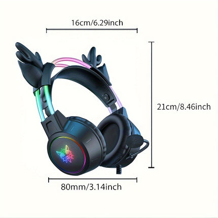 X15pro black RGB wired gaming headphones with a pair of cute deer ears, noise reduction,