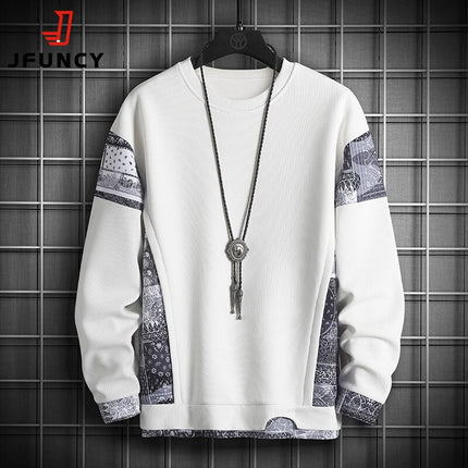 JFUNCY Autumn Harajuku Sweatshirt for Men Oversized Fake 2 Piece Hoodies Korean O-Neck Man Streetwear Male Fashion Clothes