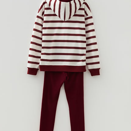Red Stripe Pullover Hoodie Ribbed Solid Pants 2pcs Set Outfit