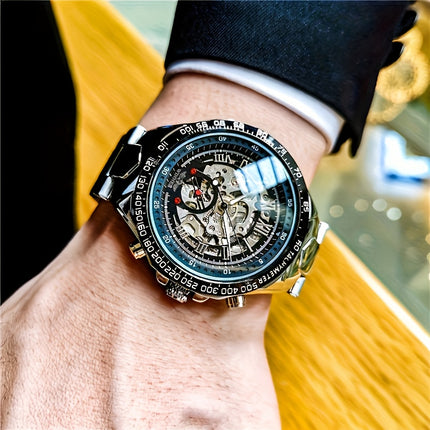 Men'S Luxury Automatic Mechanical Watch - Elegant Steel Band, Multi-Function Sun/Moon/Star Display,