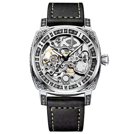 1pc Men'S Silvery Black PU Belt Simple Style Quality Ancient Roman Fully Automatic Tourbillon Mechanical Watch