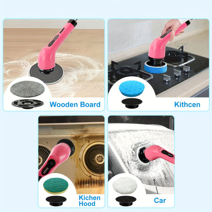 Rotating Electric Scrubber  Pink Wireless with Extended Handle, 2 Adjustable Speeds
