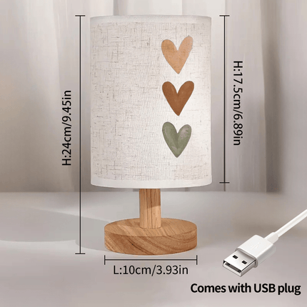 Three Heart Print Ambient Bedside Lamp, Wood Tone Table Lamp with Fabric Shade for Bedroom
