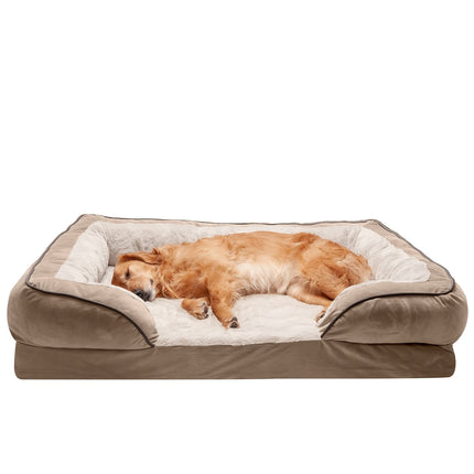 Orthopedic Dog Sofa Bed, Rectangle Elevated Pet Couch with Armrests, Washable Polyester Cover, Polyurethane Foam Filling, with Detachable Bolster for Extra Small to Large Breeds, Comfortable & Warm Pet Sleeping Pad