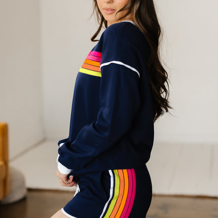 Bluing Colorful Striped Accent Varsity Long Sleeve Pullover and Shorts Matching Set