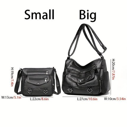 Retro Multi Pockets Crossbody Bag, Soft Faux Leather Shoulder Bag, Heart Decor Purse For Women