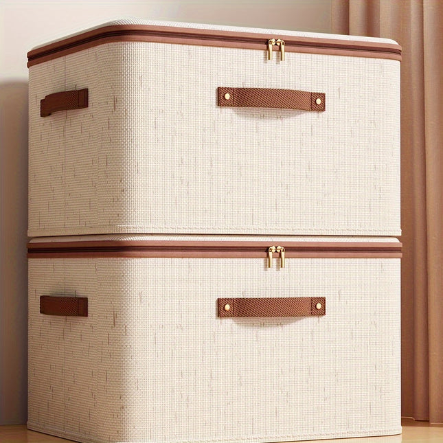 1pc Champagne Fabric Storage Box with Lid, Portable Zipper Organizer