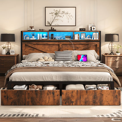 Modern Farmhouse Bed Frame with Storage Headboard