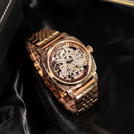 1pc Men's Rose Golden-Tone Automatic Tourbillon Mechanical Watch - Roman Numeral