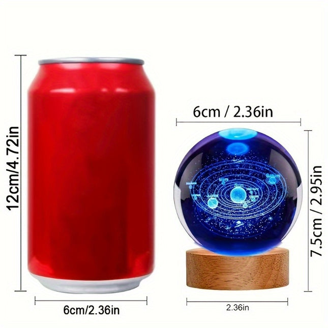 1pc 3D Laser-Engraved Celestial Crystal Ball Night Light with Wooden Base - USB-Powered Color