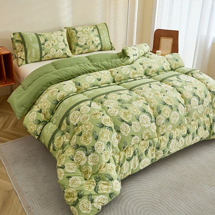 3pcs Fresh Green Rose Floral Comforter Set  Active Print, Multi-directional Quilting, High-Rebound Polyester Filling,