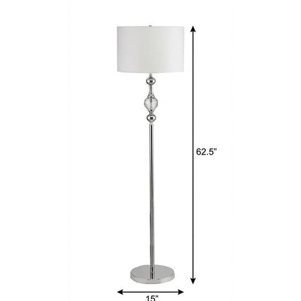 63" Chrome and Crystal Orb Shaped Floor Lamp With White Drum Shade