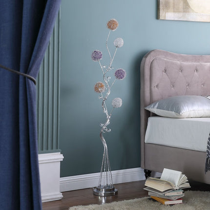 59" Silver Six Light LED Novelty Floor Lamp With Purple And White Metal Novelty Shade