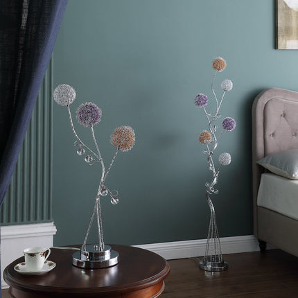 59" Silver Six Light LED Novelty Floor Lamp With Purple And White Metal Novelty Shade