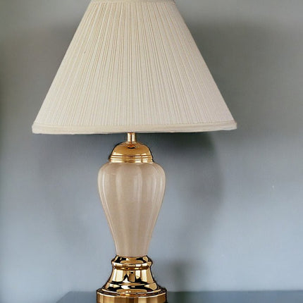 27" Ivory and Gold Ceramic Urn Table Lamp With Off White Empire Shade