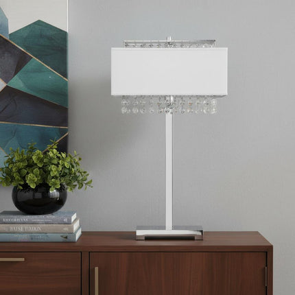 28" Silver Table Lamp With Faux Crystals and White Rectangle Shade