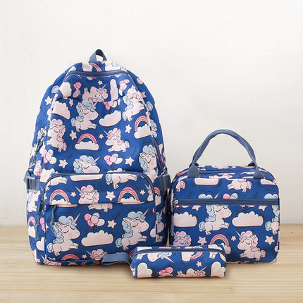 Cartoon Nylon Print Backpack, Campus Lightweight Large Capacity Student Bookbag Three-Piece Set