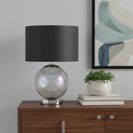 19" Iridescent Glass Globe Table Lamp With Gray Classic Drum Shade
