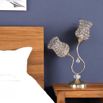 19" Gold Two Light Bedside Table Lamp With Clear Novelty Shade