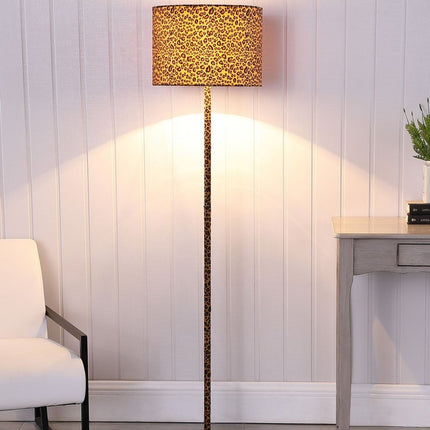 59" Amber And Black Metal Floor Lamp With Amber And Black Animals Faux Leather Cylinder Shade