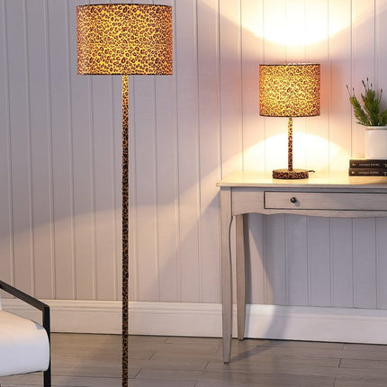 59" Amber And Black Metal Floor Lamp With Amber And Black Animals Faux Leather Cylinder Shade