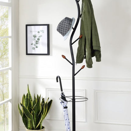 76-Inch-Long Billie Black Tree Coat Rack Walnut Hooks w Umbrella Stand