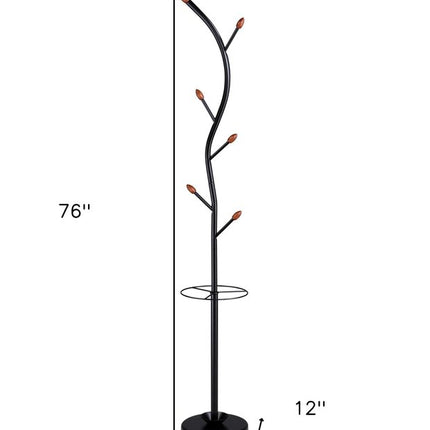 76-Inch-Long Billie Black Tree Coat Rack Walnut Hooks w Umbrella Stand