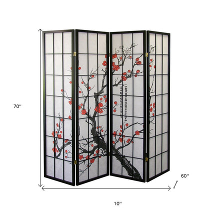70" Black And White Heavy Duty Rice Paper Folding Four Panel Screen Room Divider