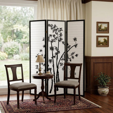 70" Black And White Heavy Duty Rice Paper Folding Three Panel Screen Room Divider
