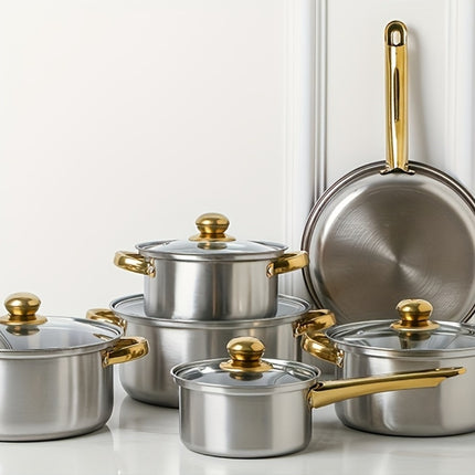 12pcs Stainless Steel Cookware Set, (6 Pots + 6 Lids) Kitchen Cooking Set With Golden Handles,
