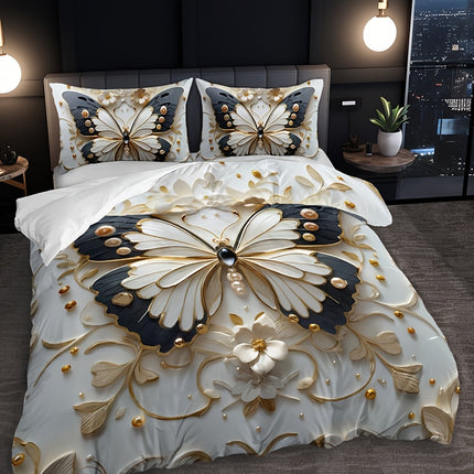 3pcs Butterfly Floral Duvet Cover Set, Animal Print, Insect Theme, Breathable Polyester, All-Season, Machine Washable, with 1 Duvet Cover and 2 Pillowcases, Digital Print Craftsmanship, No Insert for Bedding