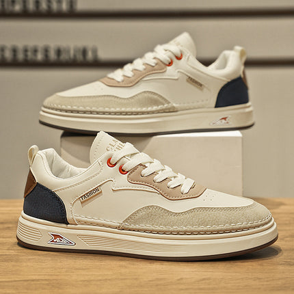 Men's Low-Top Sneakers - White & Light Grey - PU Upper, Cushioned EVA Insole - Lace-Up Closure