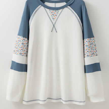 White Floral Patchwork Waffle Knit Raglan Top