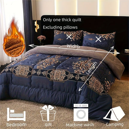1pc Luxury Fleece Bedspread - Deep Navy Blue & Golden Floral Print, All-Season Soft Warmth