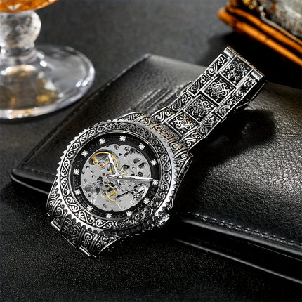 Men'S Vintage Mechanical Watch Luxury Hollow Case with Golden-Tone Dial, Mechanical Movement