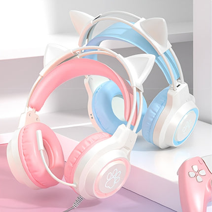 1pc Wired Cat Ear Headset with Pastel Pink/Blue/, USB-Powered Gaming Headphones, Compatible pc