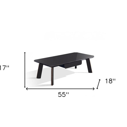 55" Ebony and Dark Brown Wood And Stainless Steel Coffee Table With Drawer