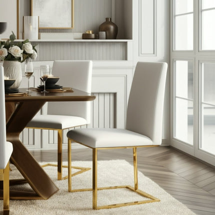 White and Gold Upholstered Faux Leather Dining Side Chair