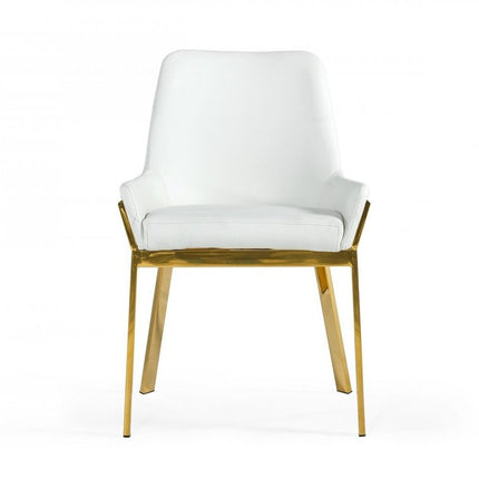 White and Gold Upholstered Faux Leather Dining Arm Chair