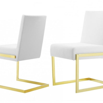Set of Two White and Gold Upholstered Faux Leather Dining Side Chairs