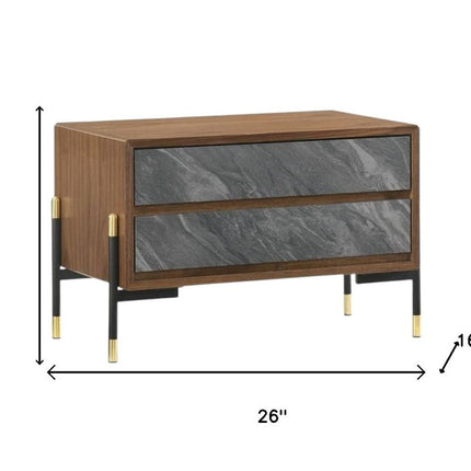 Mid Century Walnut and Gray Faux Marble Two Drawer Nightstand