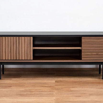 63" Walnut And Gray Wood Open And Enclosed Storage TV Stand