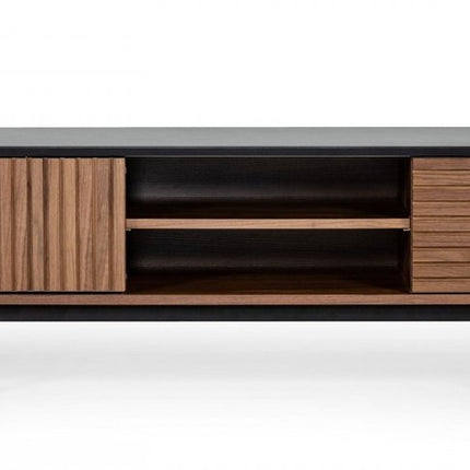 63" Walnut And Gray Wood Open And Enclosed Storage TV Stand