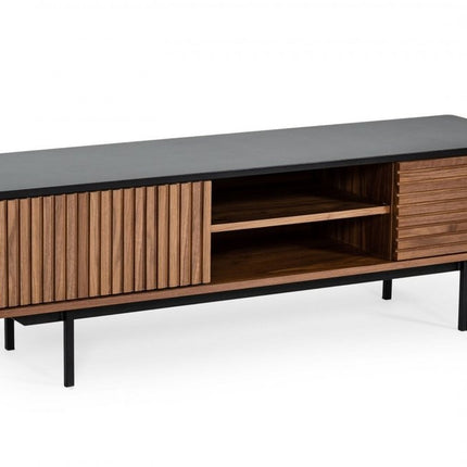 63" Walnut And Gray Wood Open And Enclosed Storage TV Stand